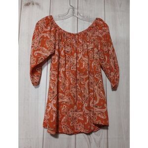NY Invasion Shirt Ladies 1x Orange Paisley 3/4 Sleeve Light Weight‎